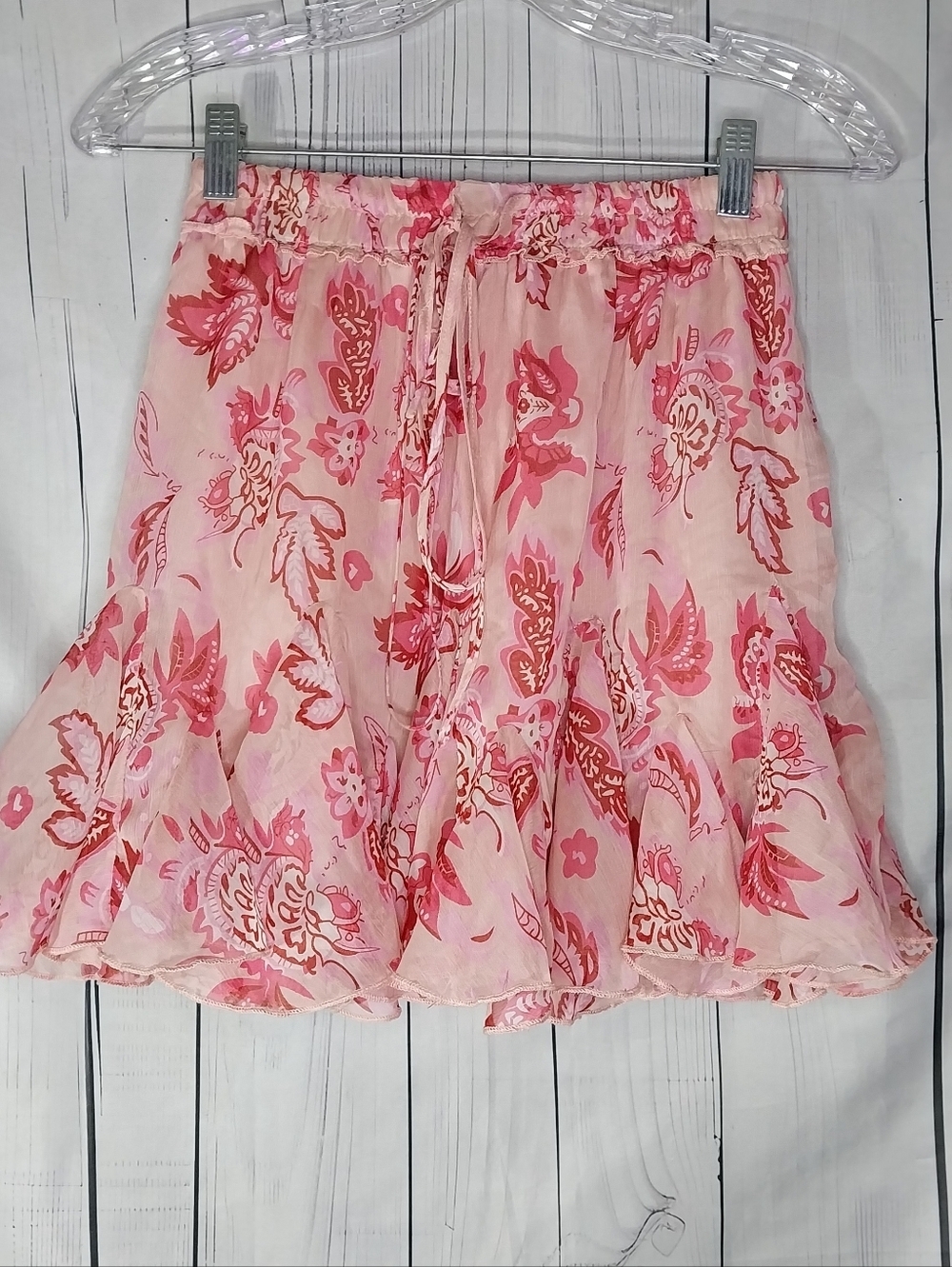 Hello Molly Swish It Pink Floral Flowy Tiered Boho Drawstring Mini Skirt